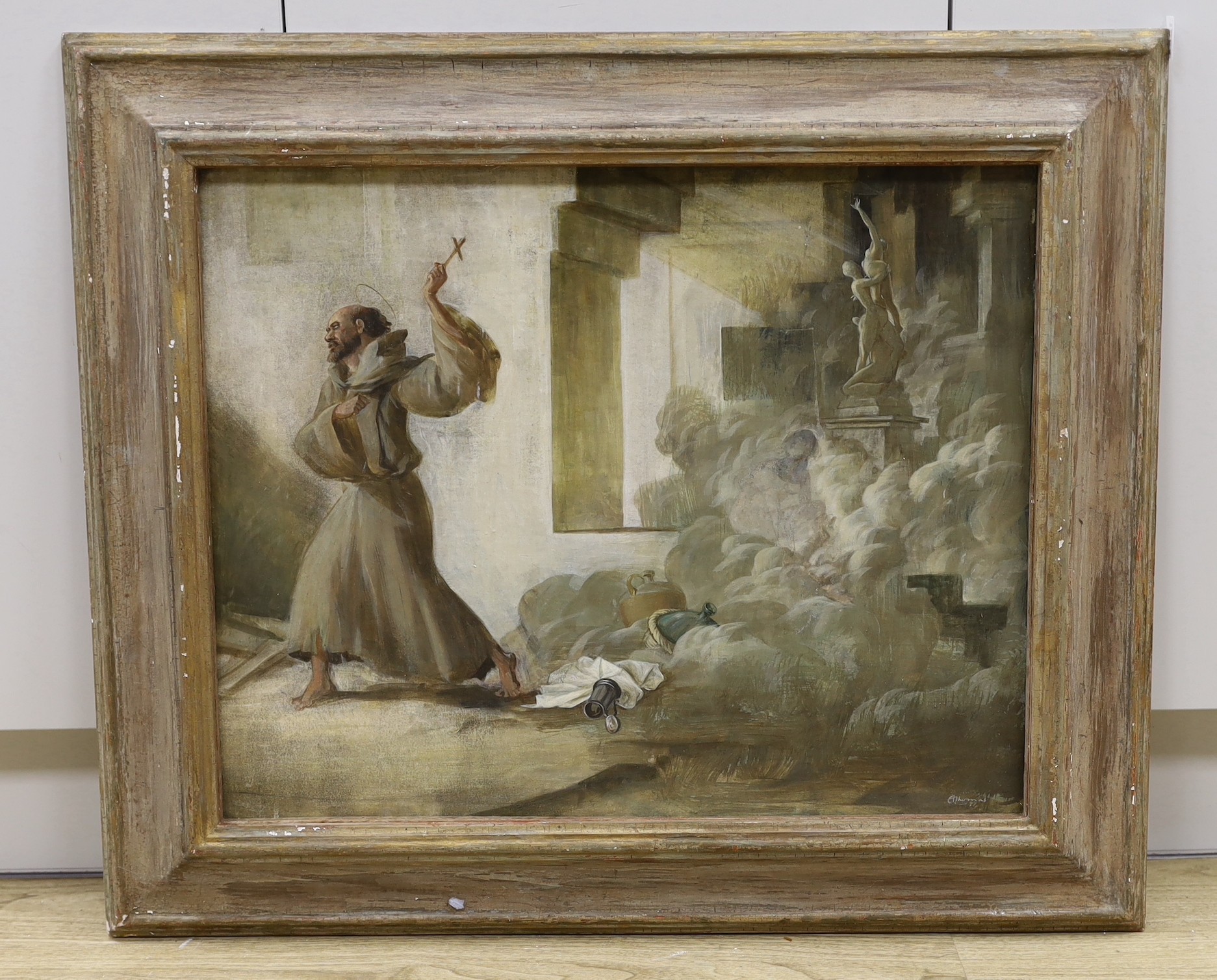 A. Thomas, oil on board, 'The Temptation of St Anthony', signed, 50 x 63cm